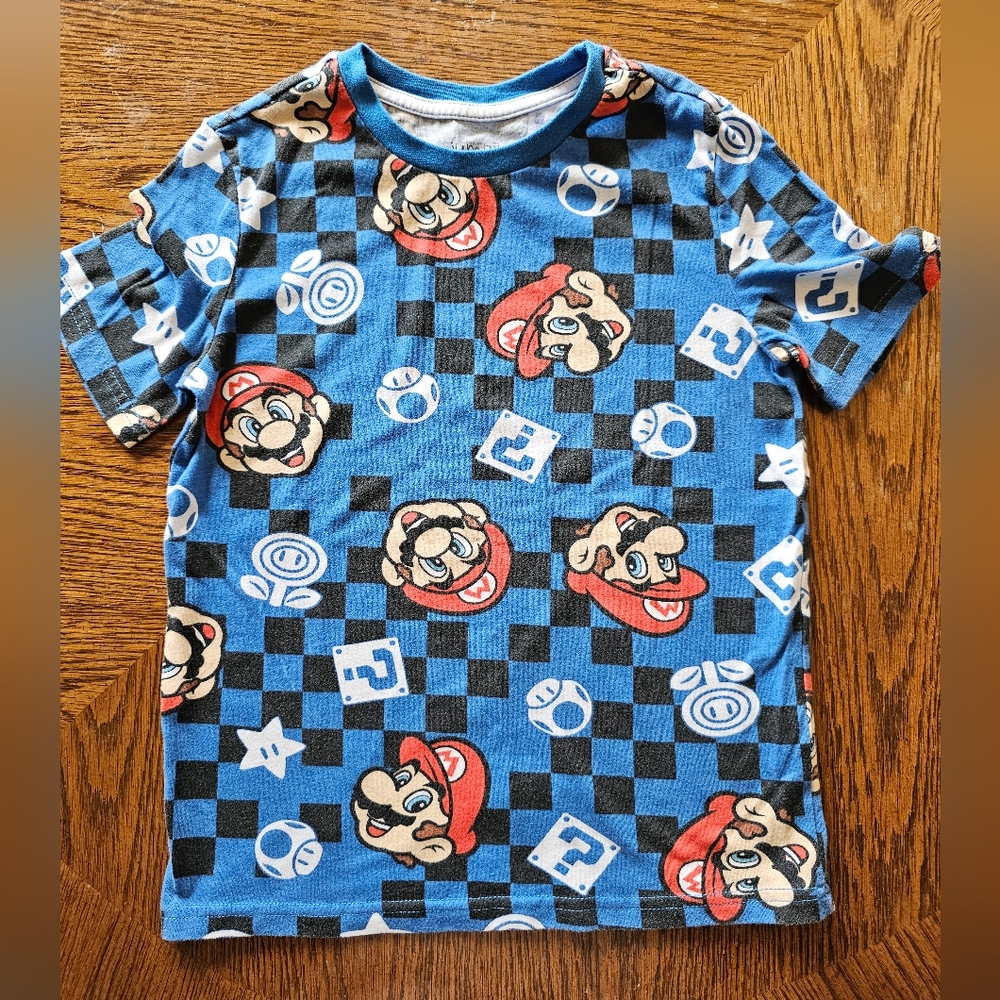 Kids sz 7 Mario Brothers Nintendo Blue Red Short Sleeve Tee Video Gamer Spring